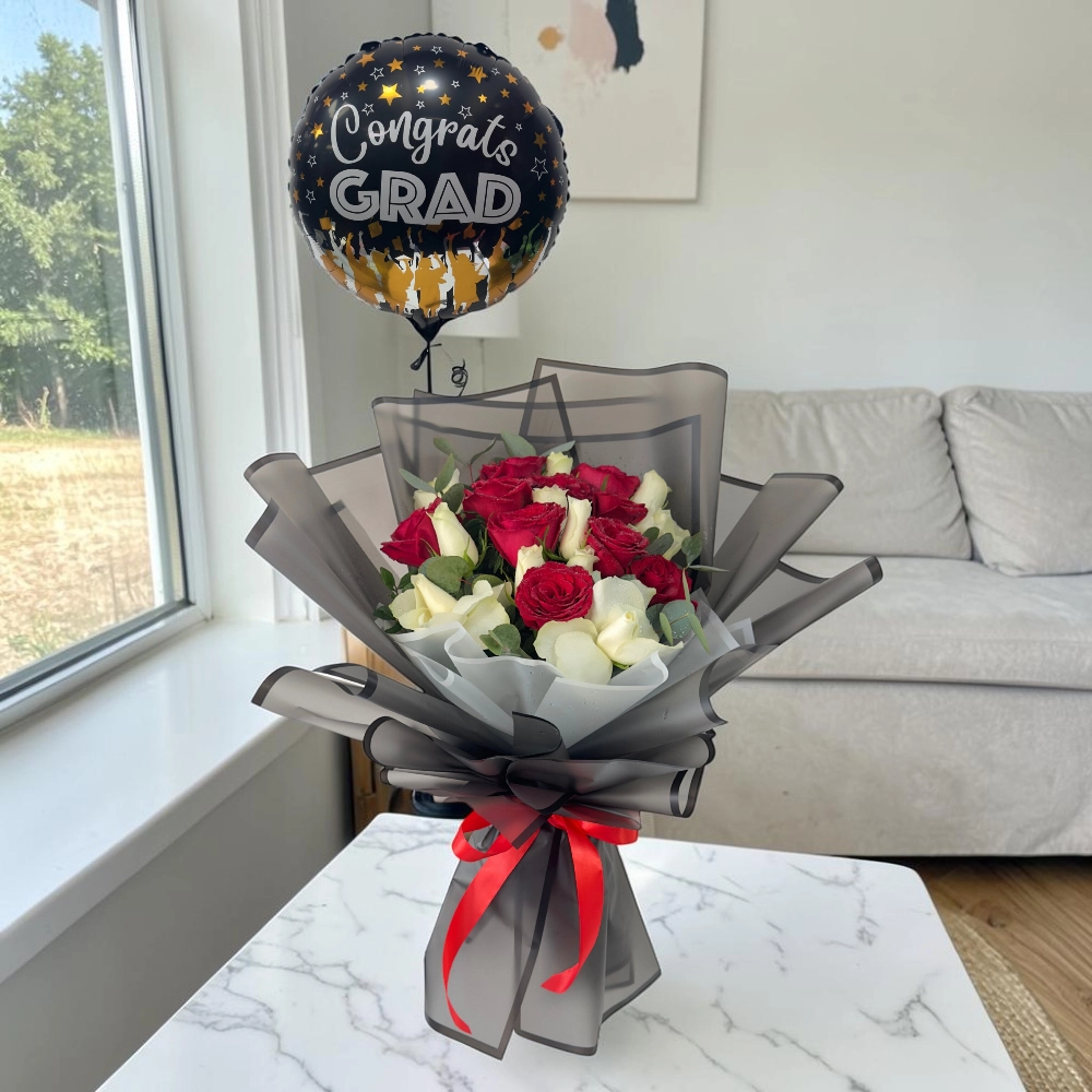Graduation Grace Roses and Balloons Combo with Red and White Roses and Congrats Grad Balloon