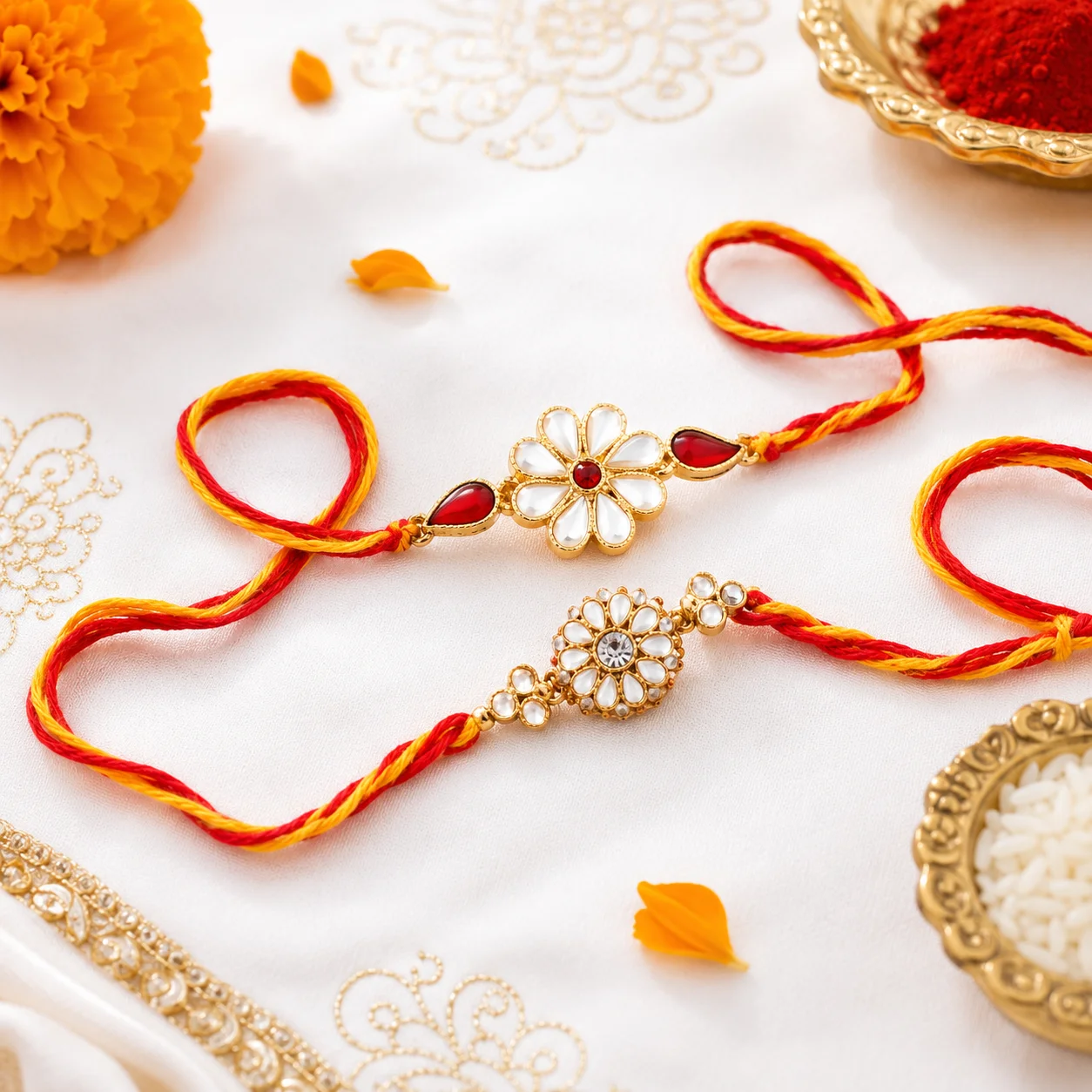 Kundan Stones Rakhi Set of 2 featuring floral motifs, white Kundan stones and traditional red-yellow sacred threads
