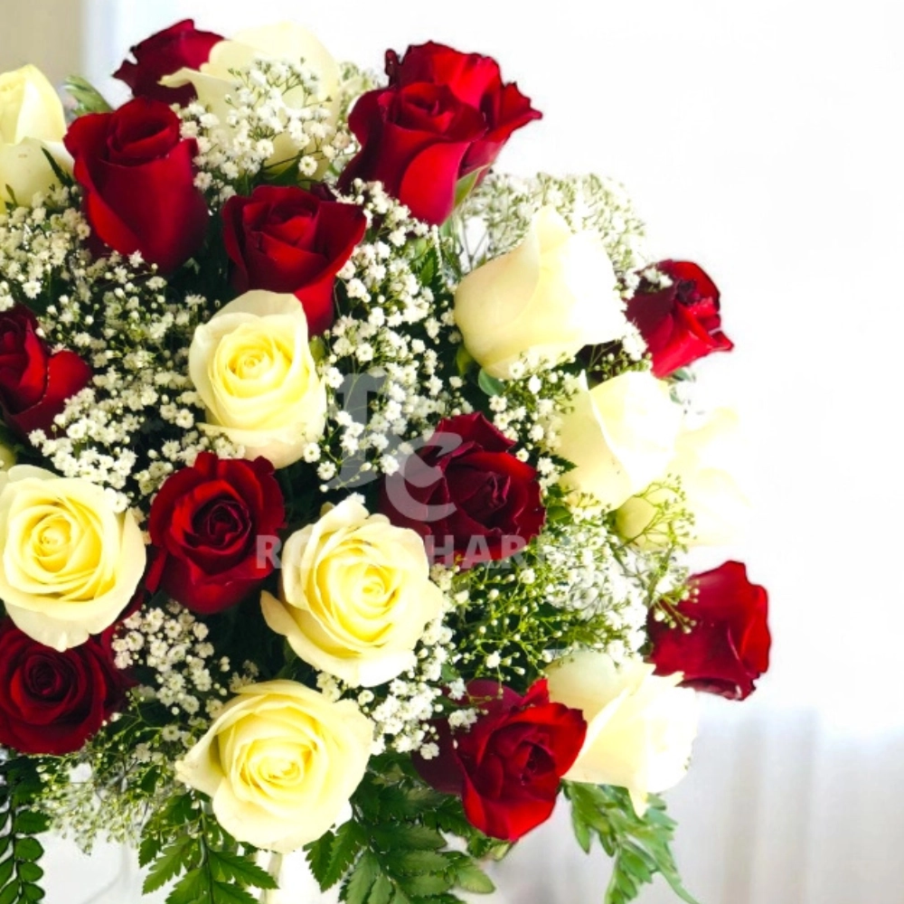 Arrangement of red and white roses in a glass vase