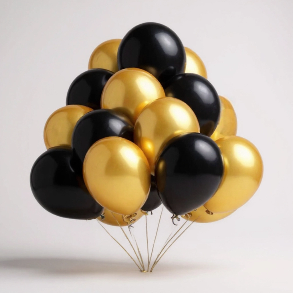 10 gold and black balloons