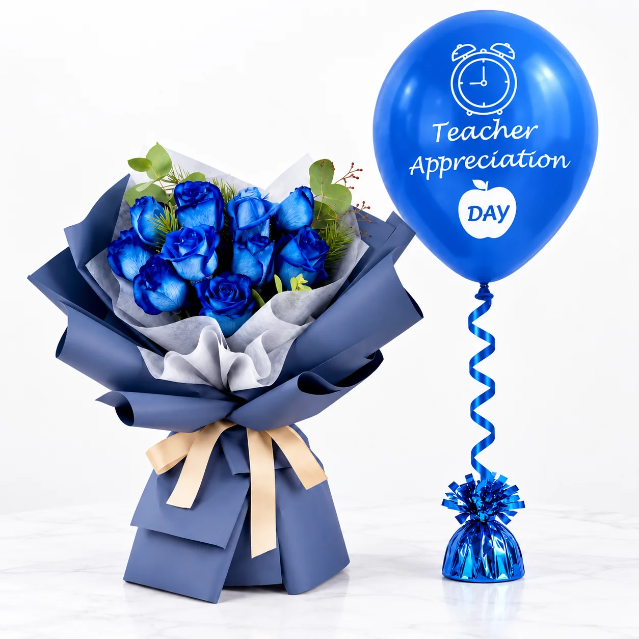 11 blue roses with Teacher Appreciation Day balloon for Teachers Day celebration
