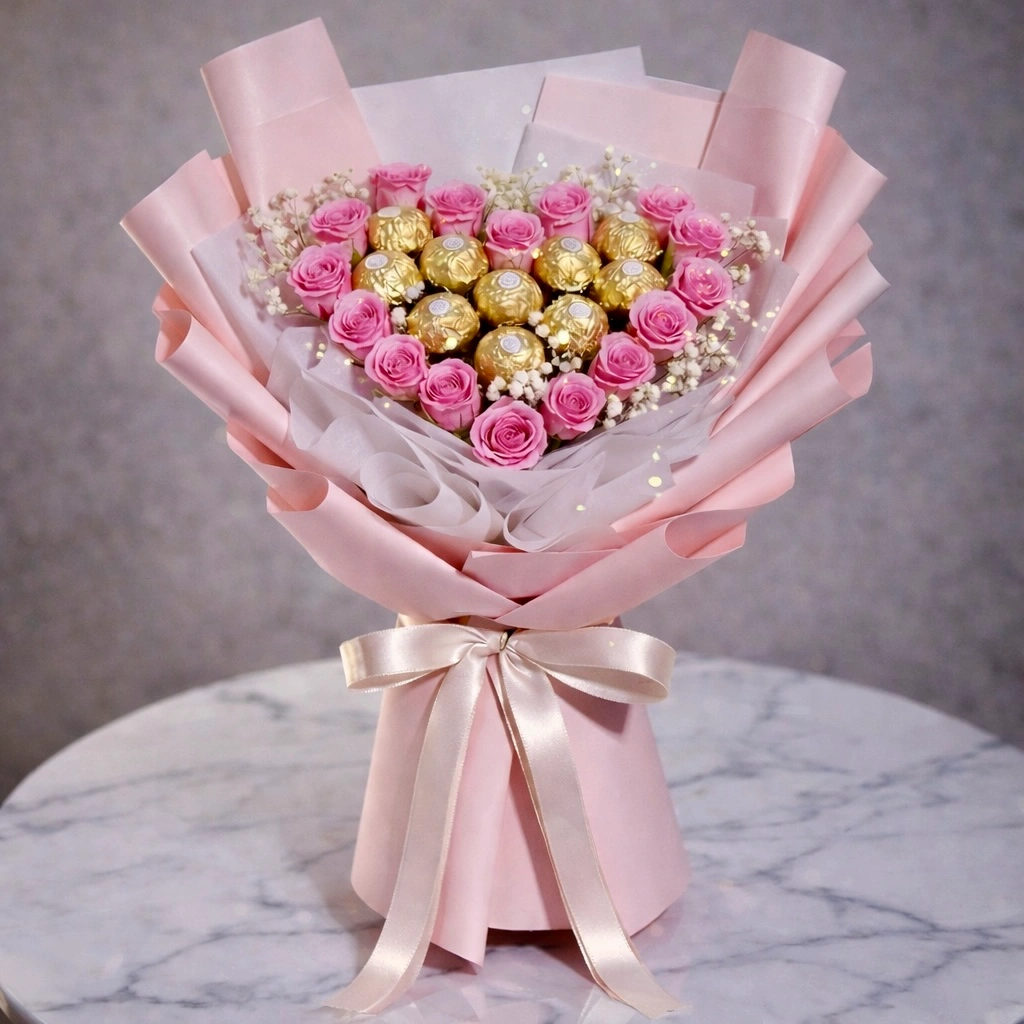 11-Ferrero-Rocher-with-15-Pink-Roses-Bouquet-Romantic-Chocolate-&-Flower-Arrangement-2