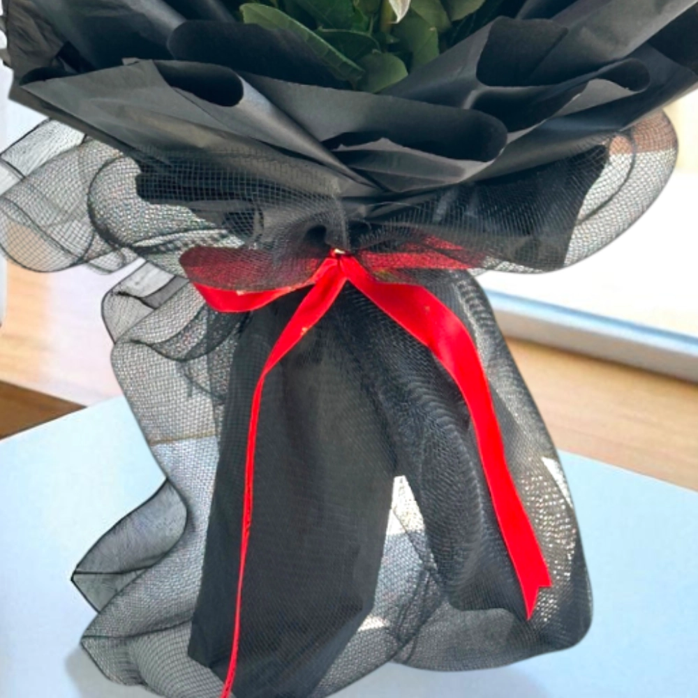 A bouquet of 12 red roses with fillers in a nice wrapping