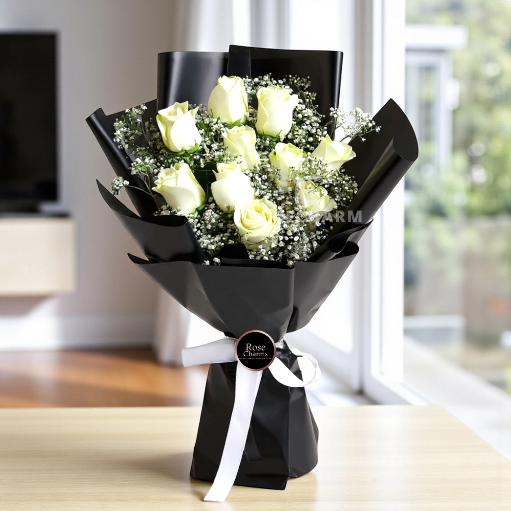 A bouquet of 12 white roses with nice wrapping