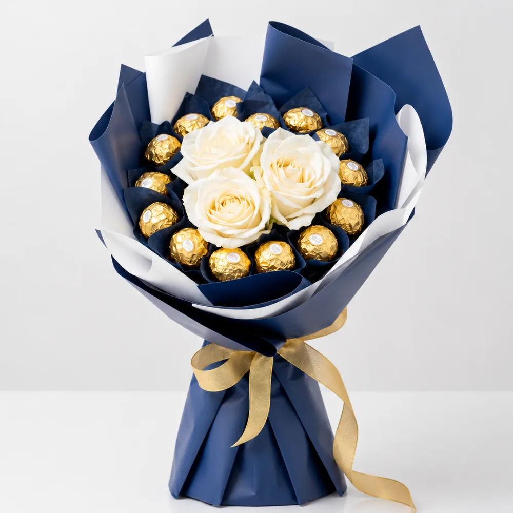 Father's Day White Roses Bouquet with 15 Ferrero Rocher chocolates and 3 elegant white roses beautifully wrapped