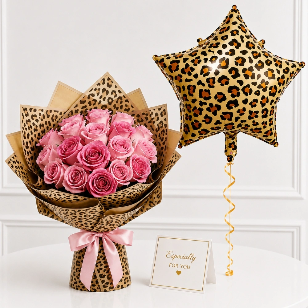 Pink Roses Bouquet with Cheetah Balloon featuring 21 fresh pink roses in premium cheetah print wrapping