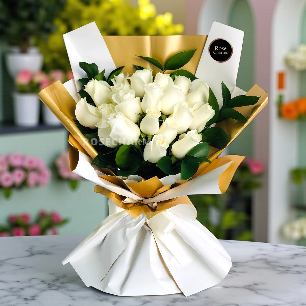 A bouquet of 25 white roses with fillers in a nice wrapping
