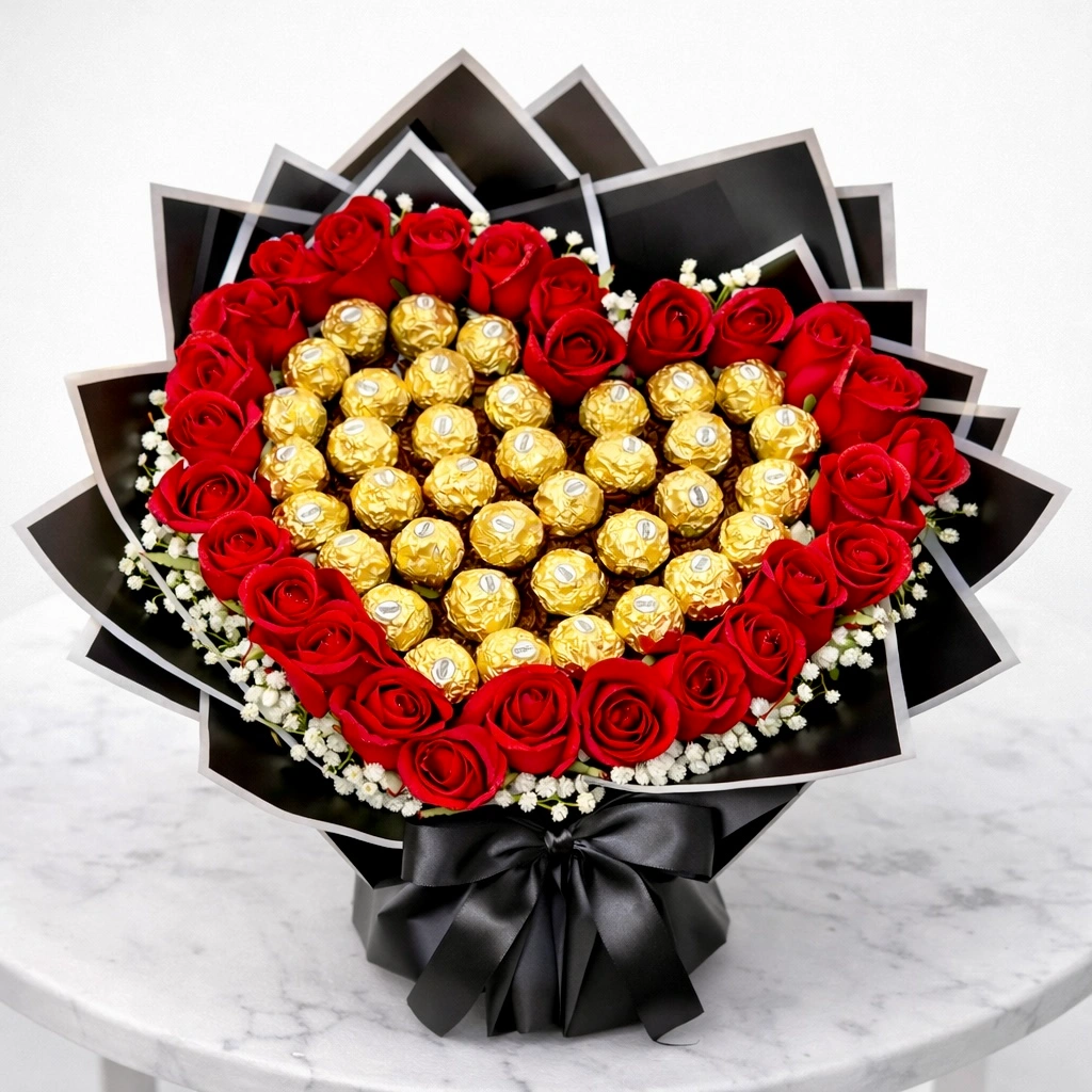 31 red roses and 30 Ferrero Rocher chocolates bouquet arranged in premium luxury wrapping