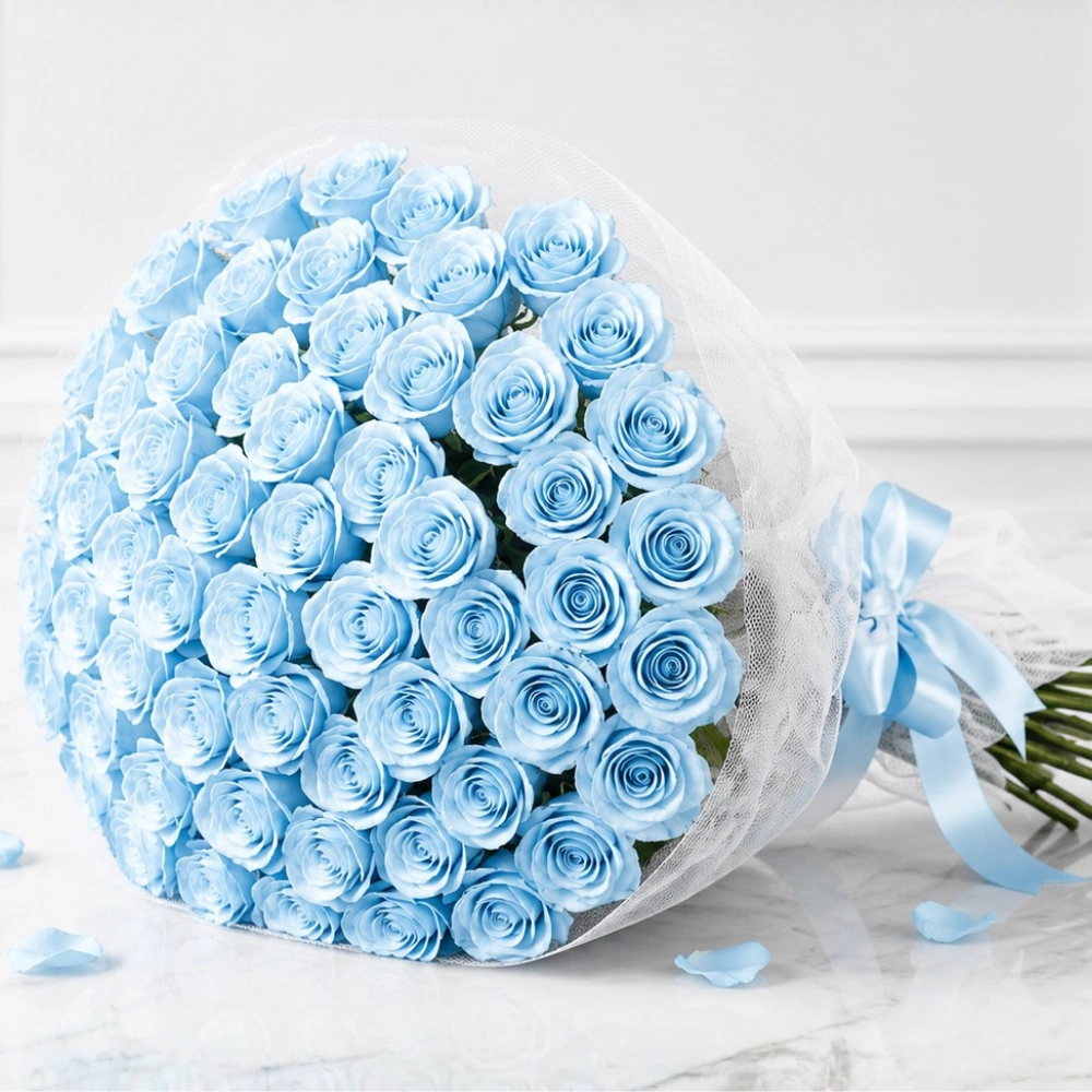 51 Light Blue Roses Luxury Bouquet with fresh green fillers and premium wrapping for romantic celebrations and luxury gifting