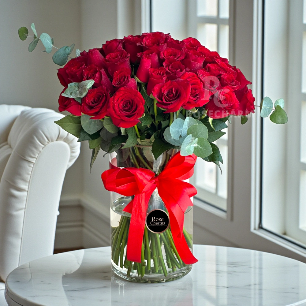 Bunch of 51 red rose with fillers in a glass vase