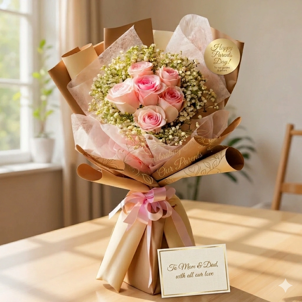 6 pink roses bouquet for parents day gift uae