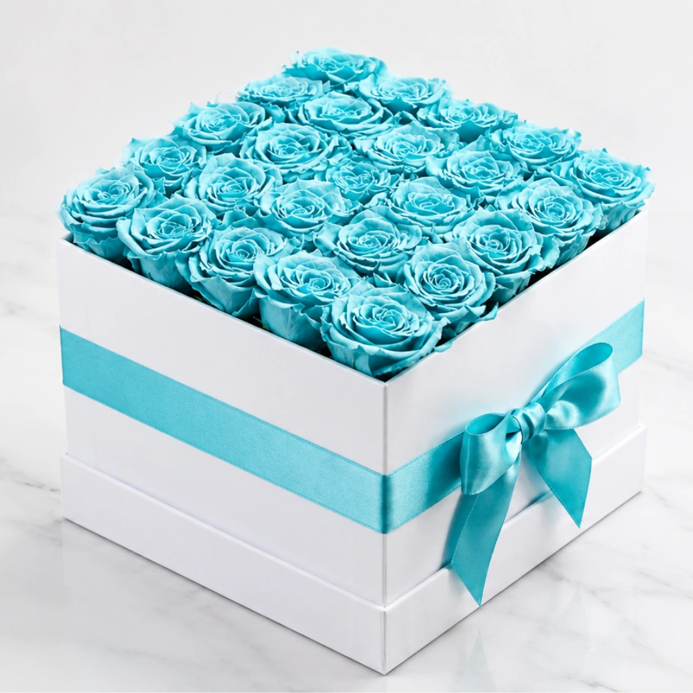 25 light blue roses bouquet with fresh green fillers and premium wrapping for elegant gifting