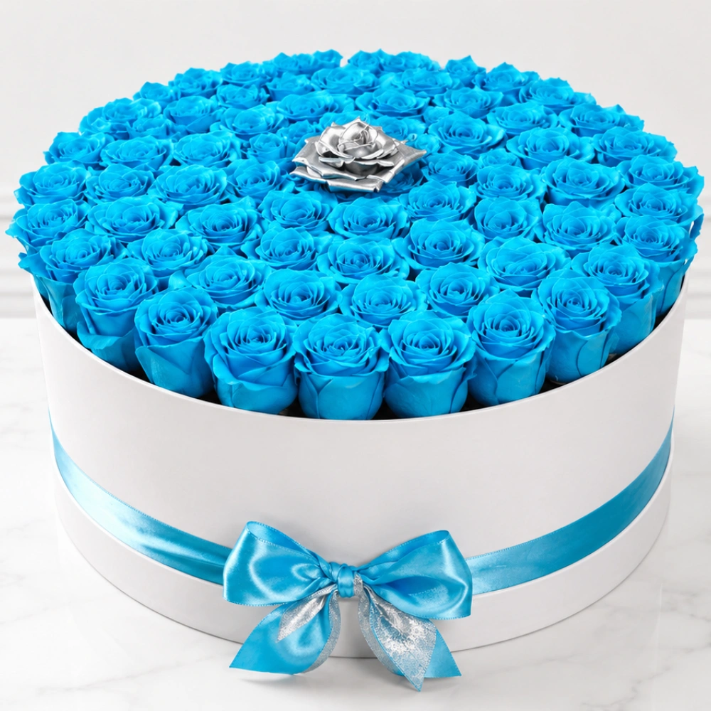 80 light blue roses with silver rose arranged in a premium white box for luxury flower gifting