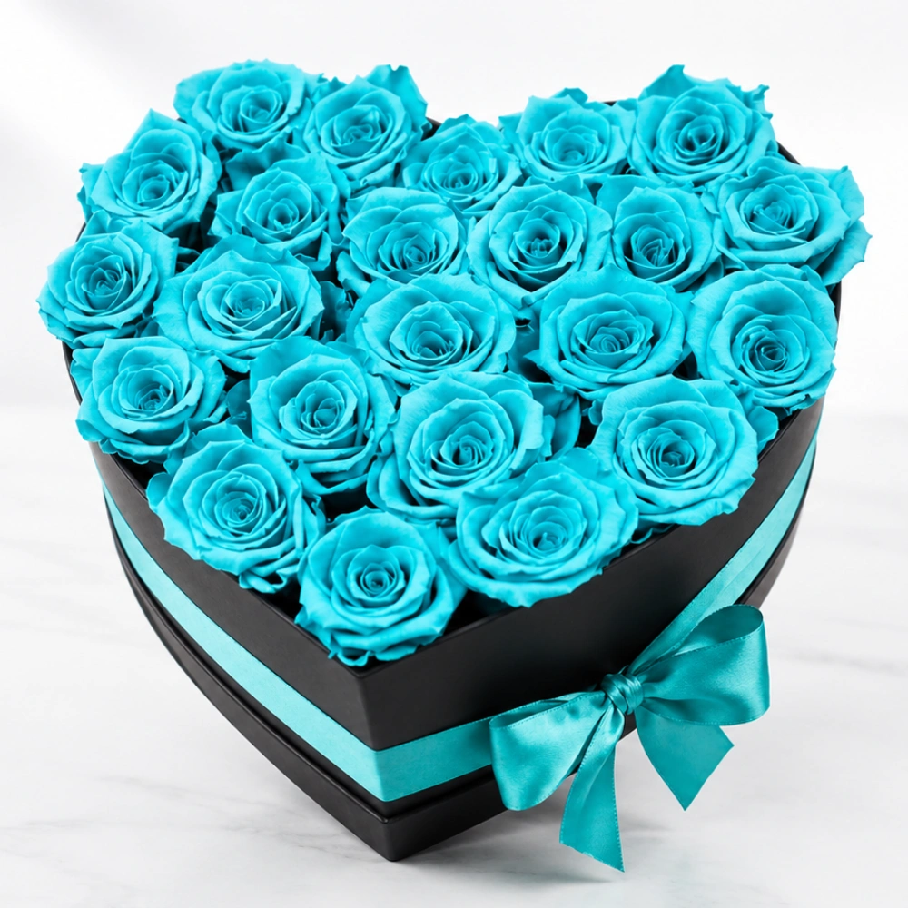 21 light blue roses heart box arrangement with elegant romantic floral presentation