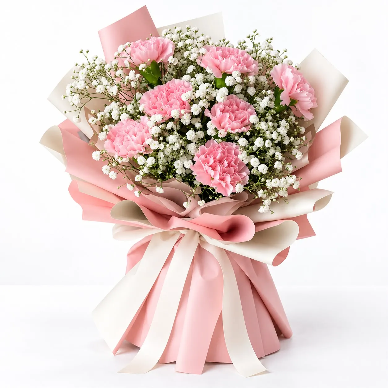 Charming 7 pink carnations bouquet, hand tied with care, a soft floral gift from RoseCharmFlowers