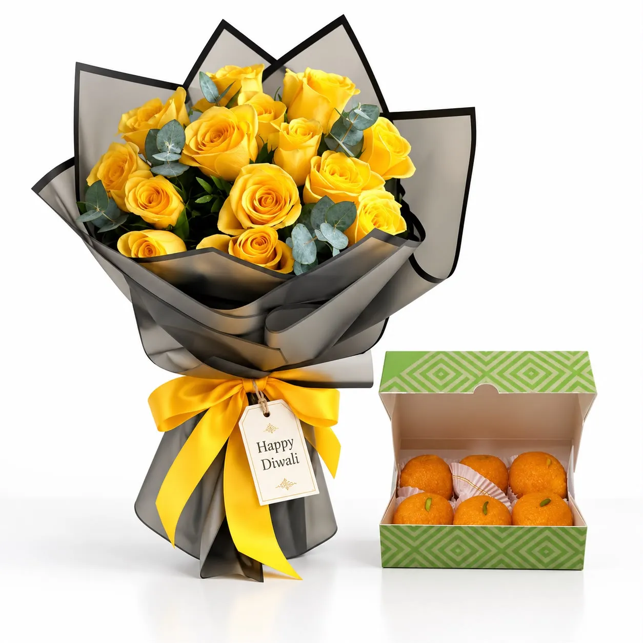 Diwali 15 Yellow Roses and Bikanervala Laddus Combo with fresh eucalyptus leaves and traditional Indian sweets