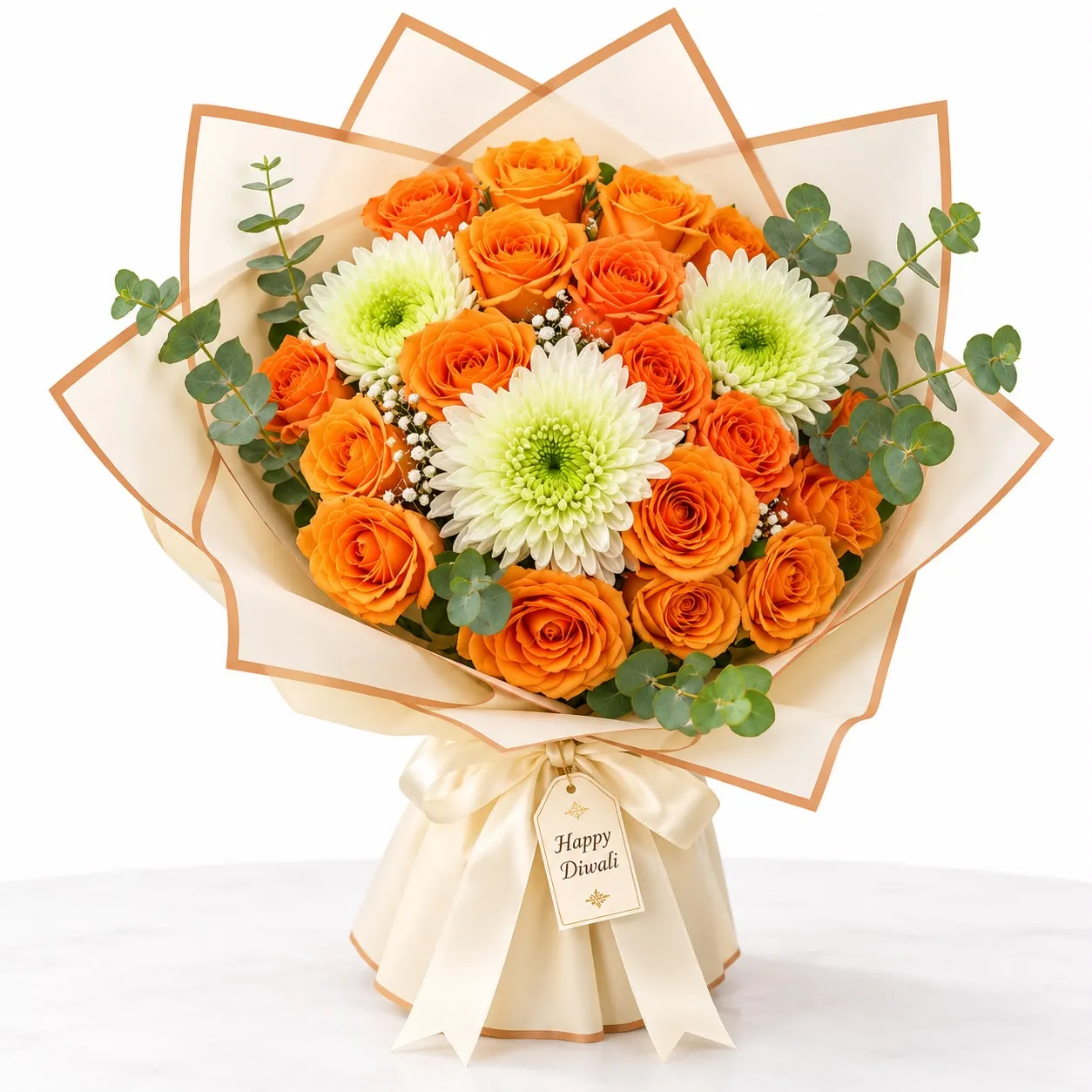 Diwali Floral Glow Bouquet with 18 orange roses and 3 white chrysanthemums for festive gifting