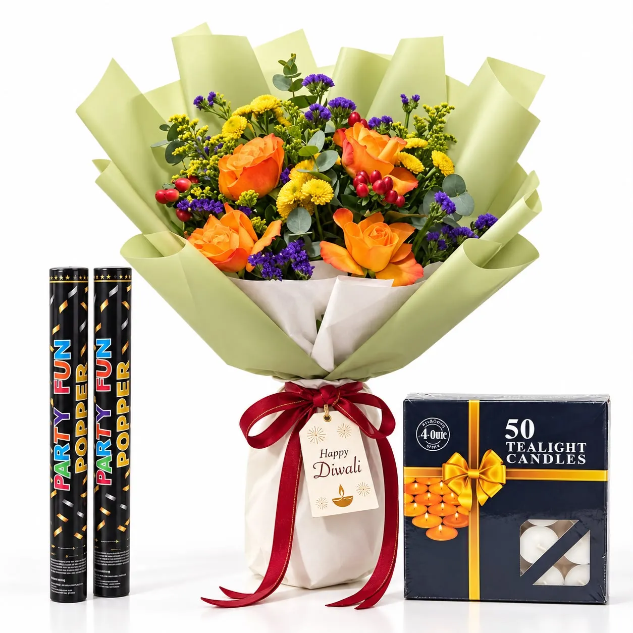 Diwali Golden Blooms and Celebration Combo with orange roses, yellow chrysanthemums, tealight candles and party poppers