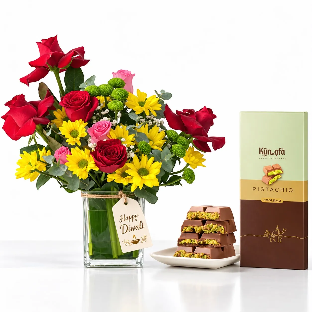 Diwali Golden Harmony Rose and Kunafa Chocolate Gift Set with red pink yellow flowers and pistachio chocolate