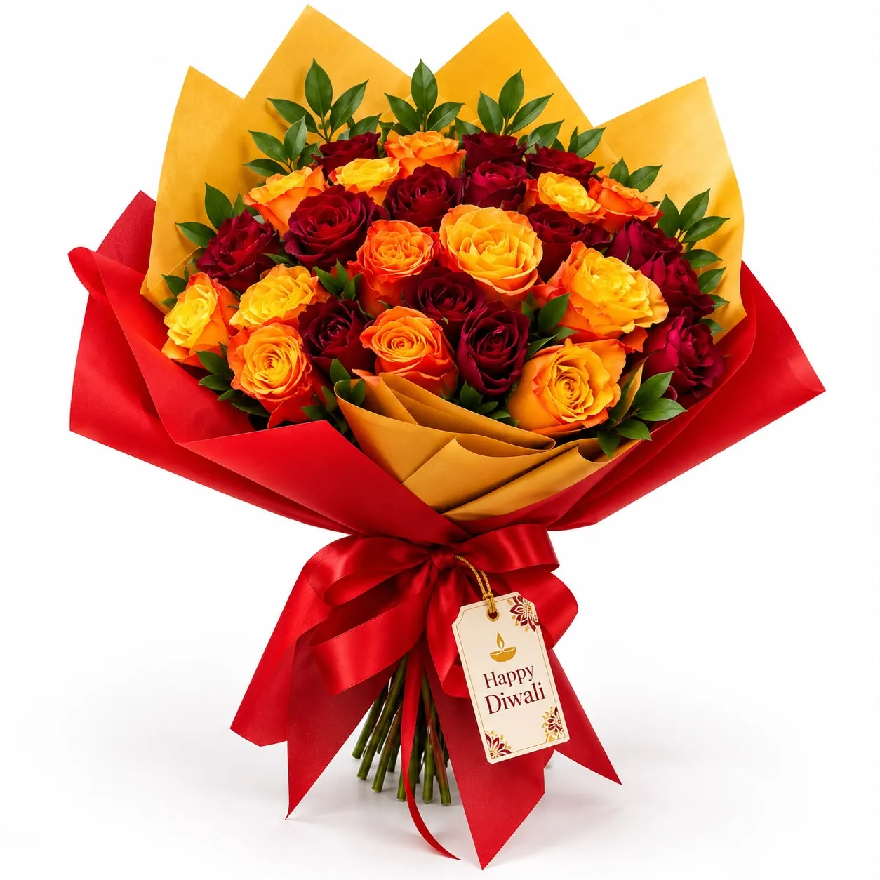 Diwali Radiance 31 Red and Orange Roses Bouquet featuring 15 red and 16 orange roses for festive gifting