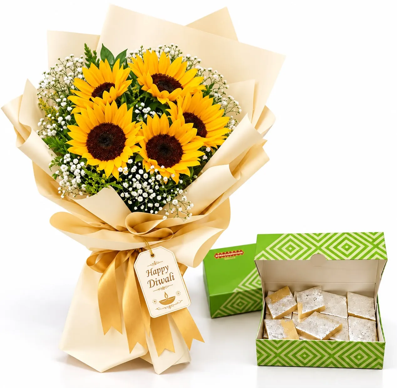 Diwali Sunshine Blooms and Kaju Katli Gift Combo with 5 sunflowers, gypsophila and 250g Bikanervala sweets