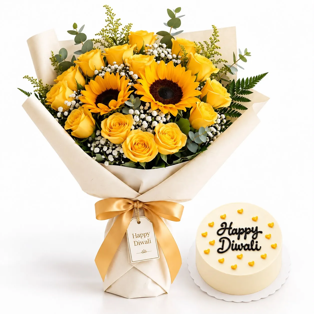 featuring bright sunflowers and a Happy Diwali bento cake for festive gifting.