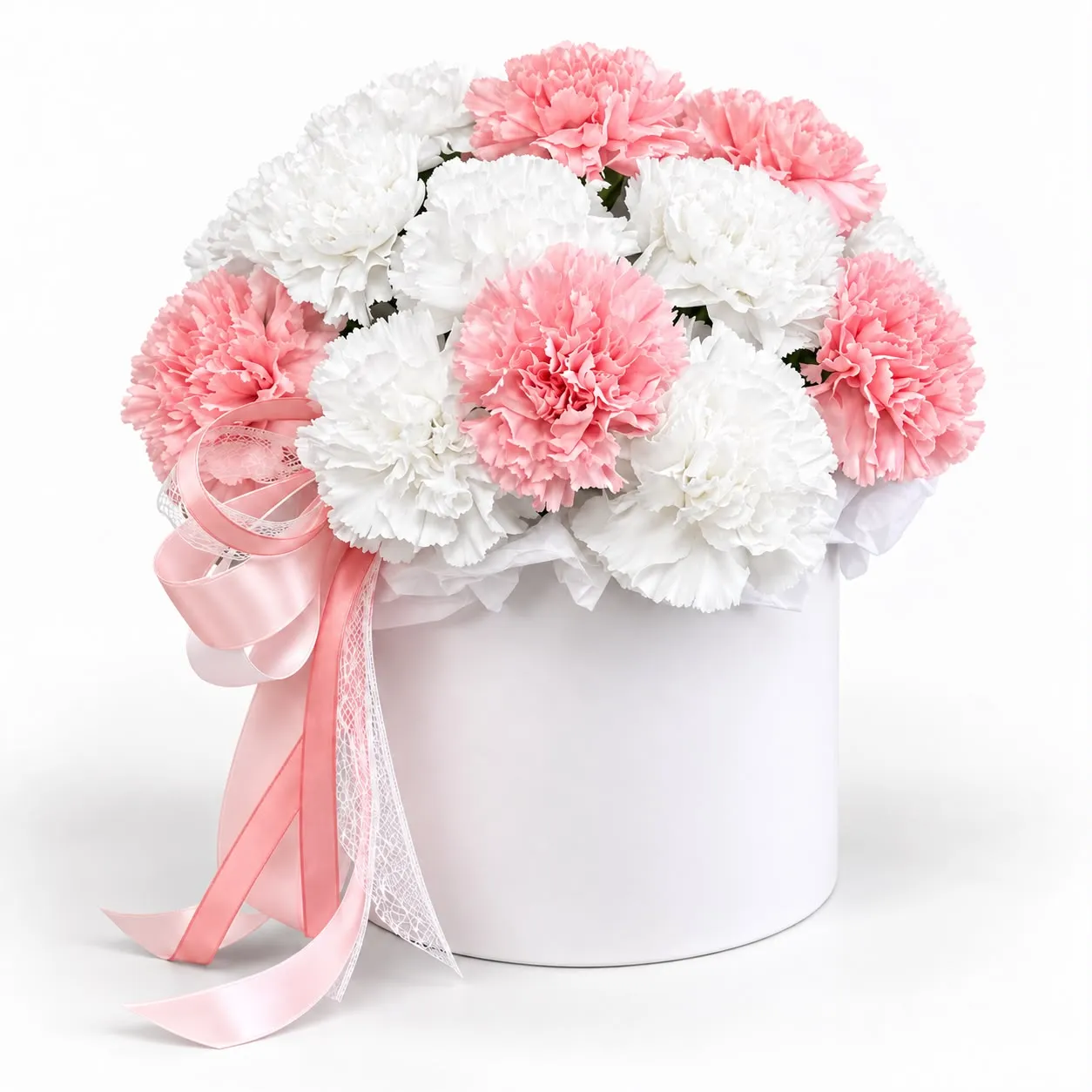 Elegant 15 pink and white carnations box with 8 white and 7 pink blooms from RoseCharmFlowers