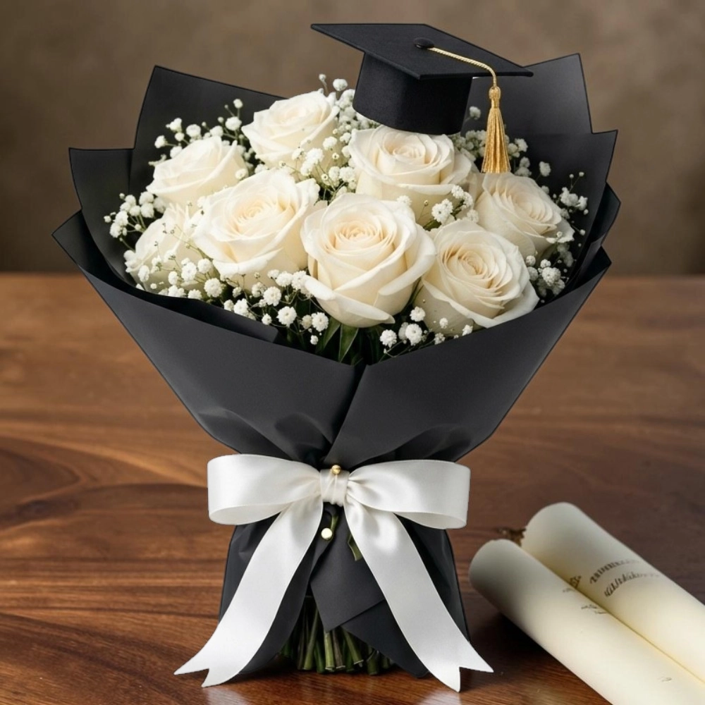 Elegant-Graduation-Bouquet-9-White-Roses-with-Graduation-Hat-2