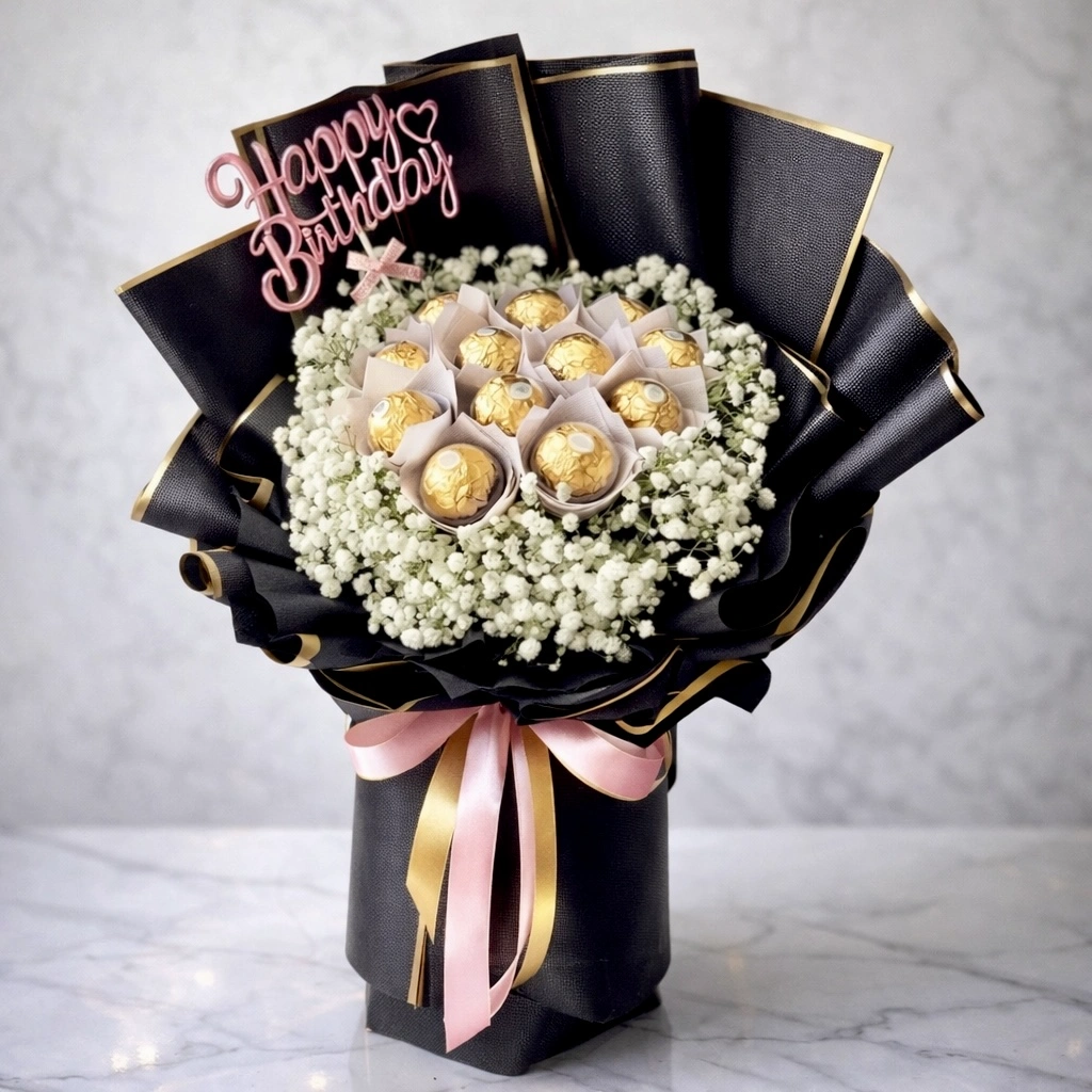 Chocolate bouquet with gypsophila flowers and Ferrero Rocher chocolates in black wrapping
