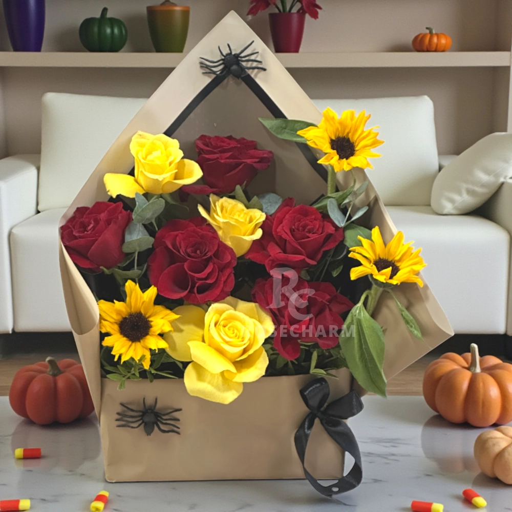 Halloween roses and sunflower arrangement