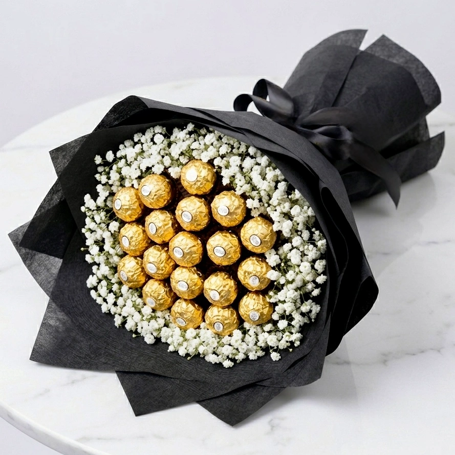 Golden Gypsophila with Chocolates bouquet featuring Ferrero Rocher chocolates and baby’s breath in black wrapping