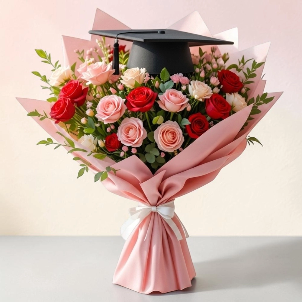 Graduation Day Combo Roses with Hat featuring Pink, Red and White Roses
