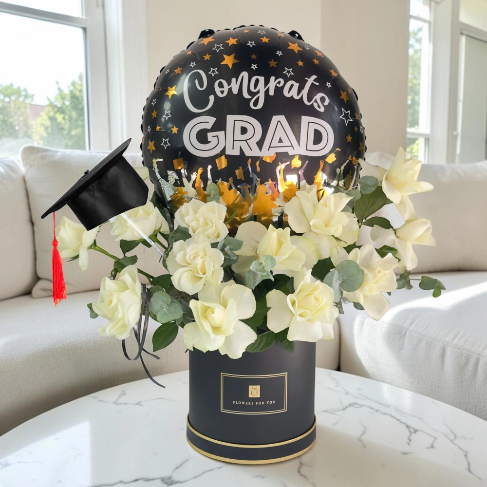Graduation Scholarly Bloom Luxury White Roses Box with Graduation Cap and Congrats Grad Balloon