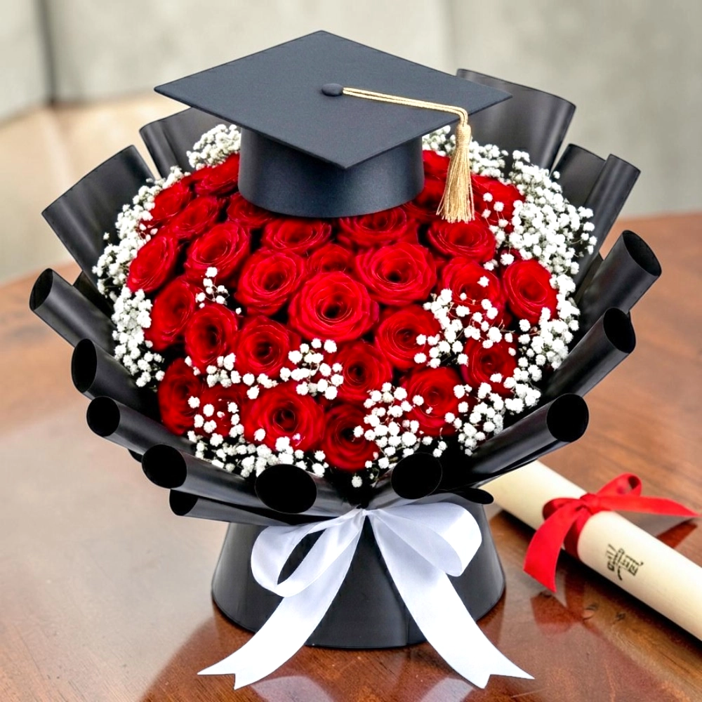 Luxury Graduation 31 Red Roses Bouquet with Graduation Hat Topper