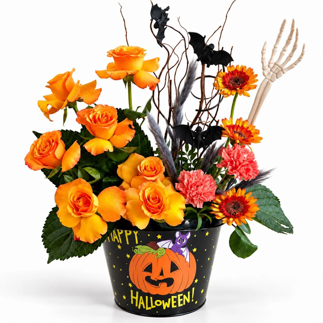 Halloween Floral Centerpiece with orange roses, carnations, gerberas, decorative bats, and a realistic hand bone