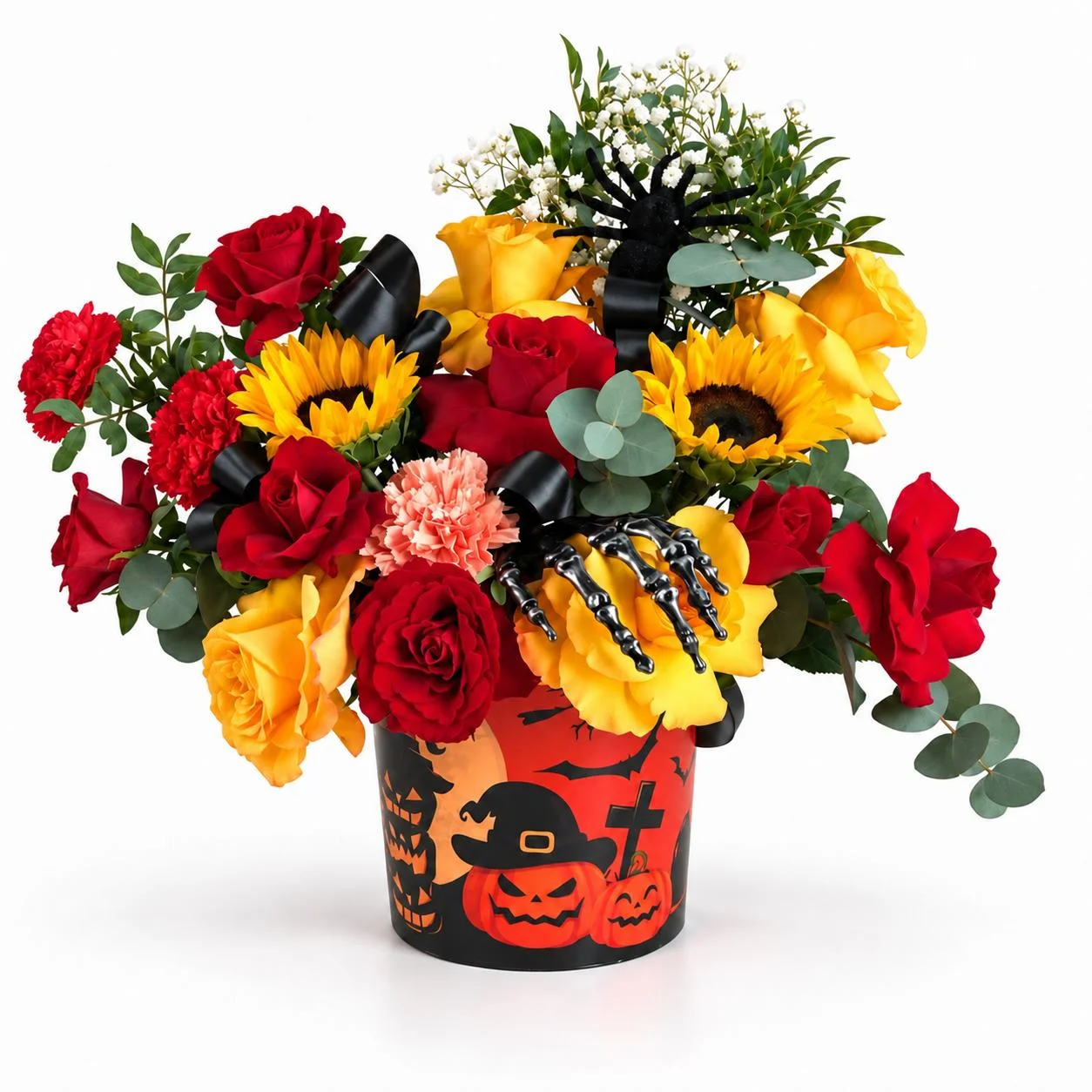 Halloween Sinister Bloom Bucket with red roses, orange roses, golden sunflowers and carnations in a themed bucket