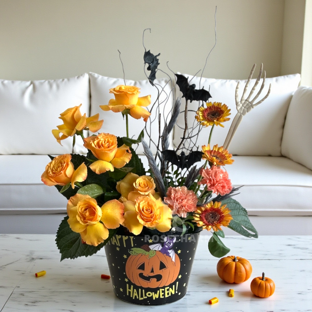 Halloween roses and sunflower arrangement