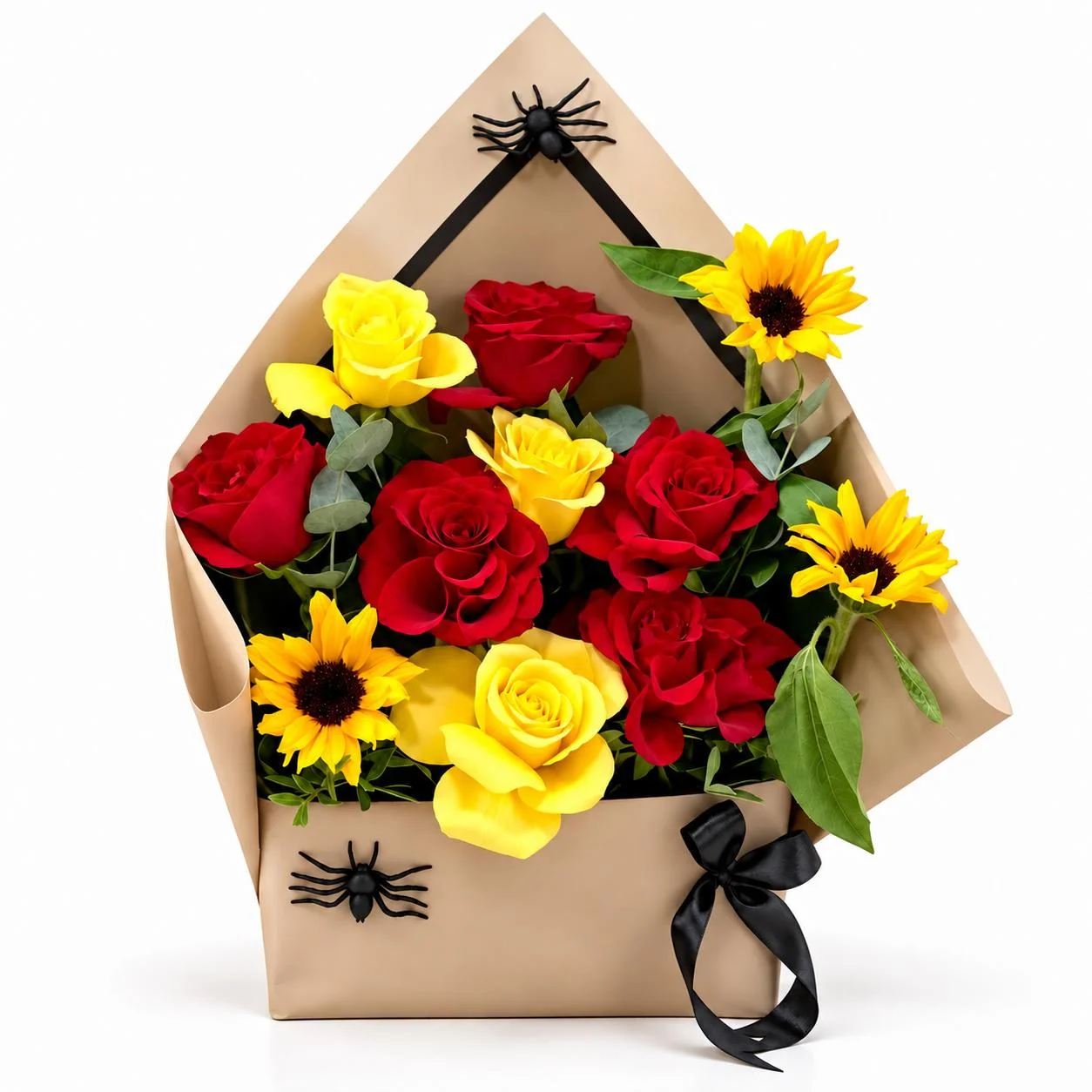 Haunted Sunflower Mix with red and yellow roses, radiant sunflowers and spooky spiders for Halloween gifting