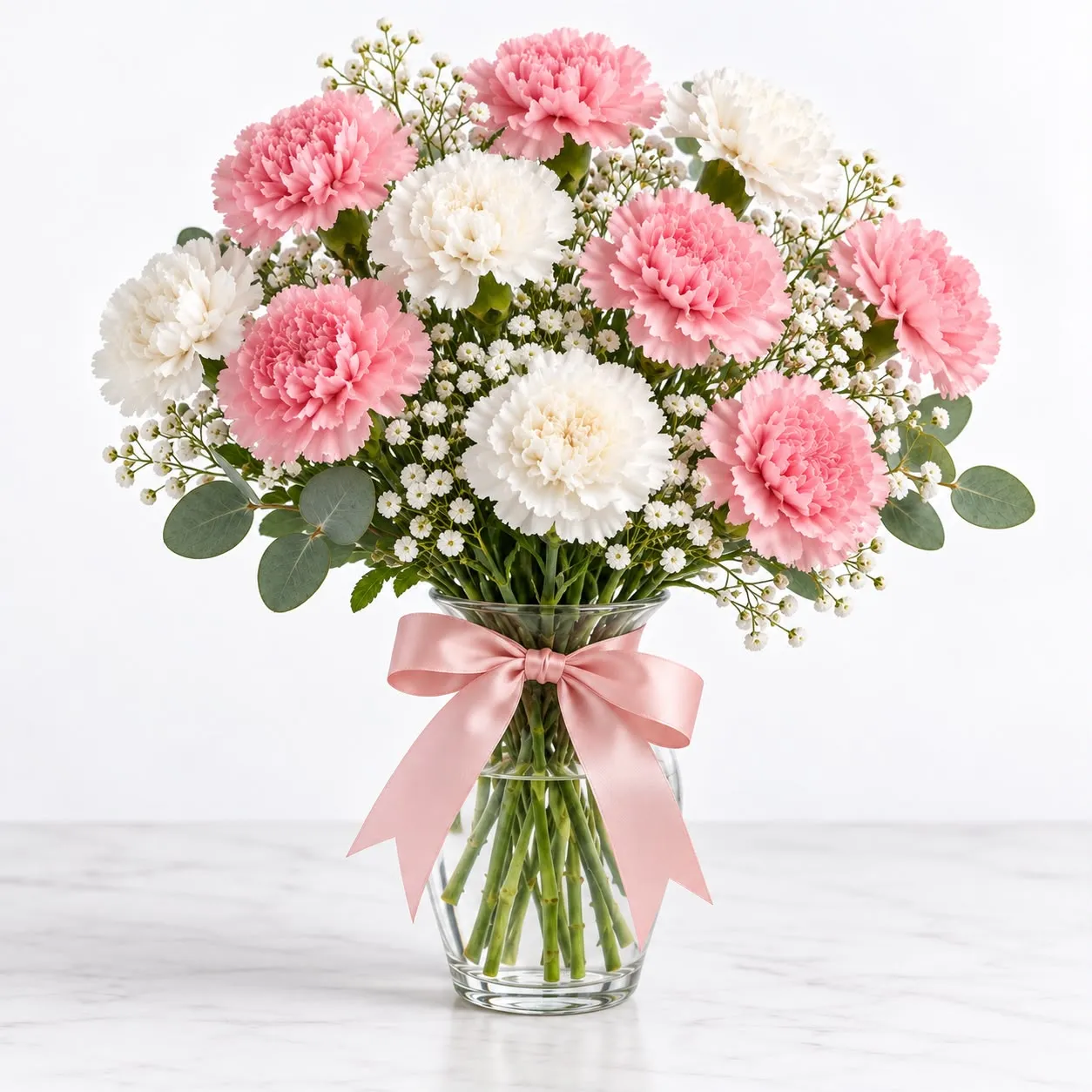 Lovely carnations vase with 6 pink and 4 white blooms from RoseCharmFlowers