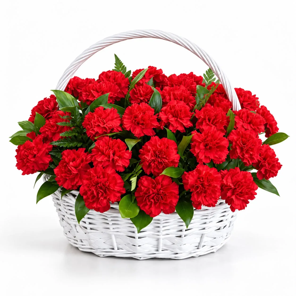 Luxury 41 Red Carnations Basket for Same Day Delivery featuring 41 vibrant red carnations in an elegant basket