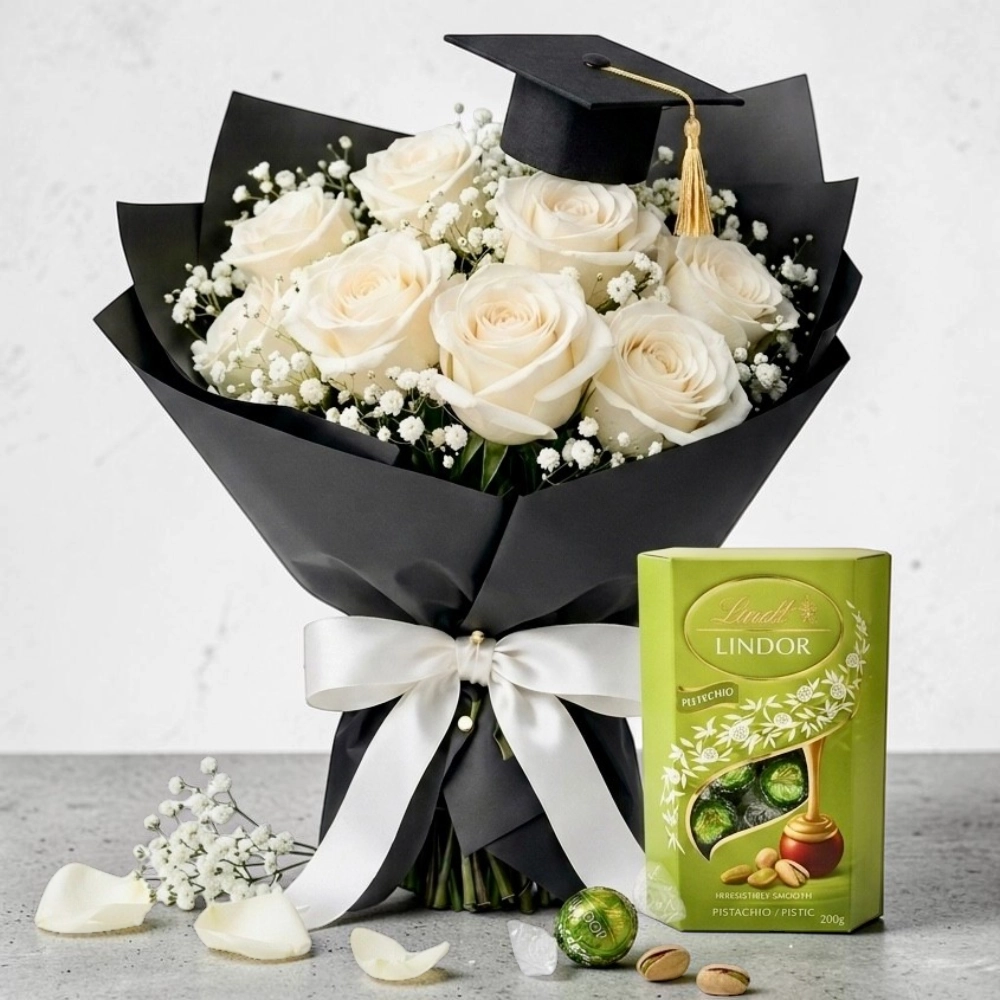 Graduation White Roses and Lindt Chocolate Combo with Graduation Hat Topper