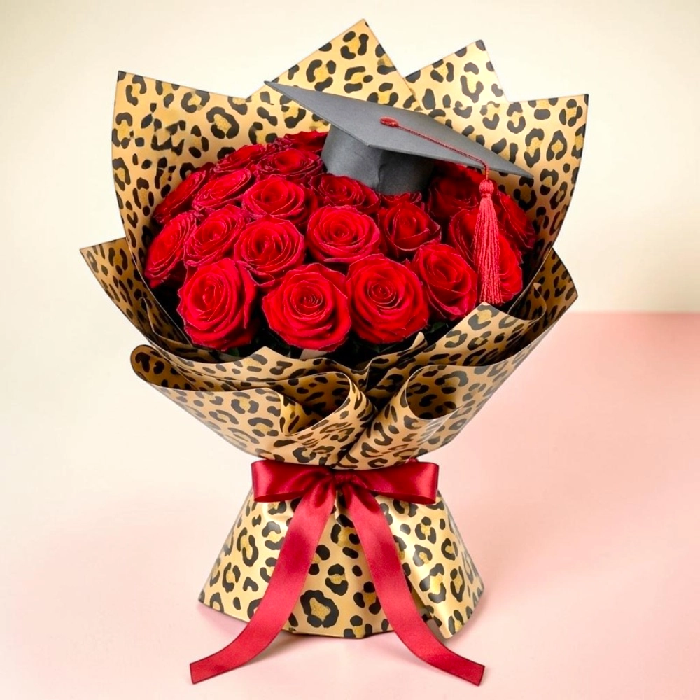Graduation Cheetah Wrap 21 Red Roses Bouquet with Graduation Hat Topper
