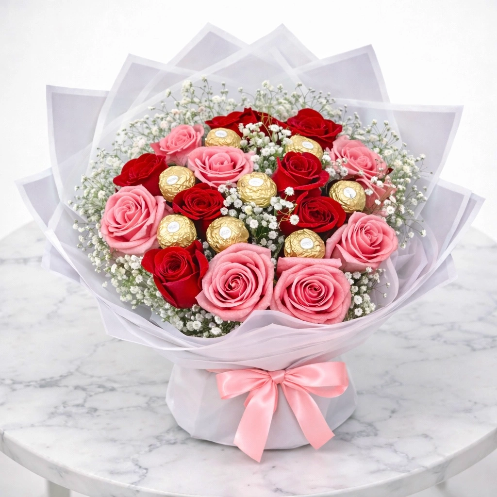 14 roses and 7 Ferrero Rocher chocolates bouquet arranged in elegant premium wrapping