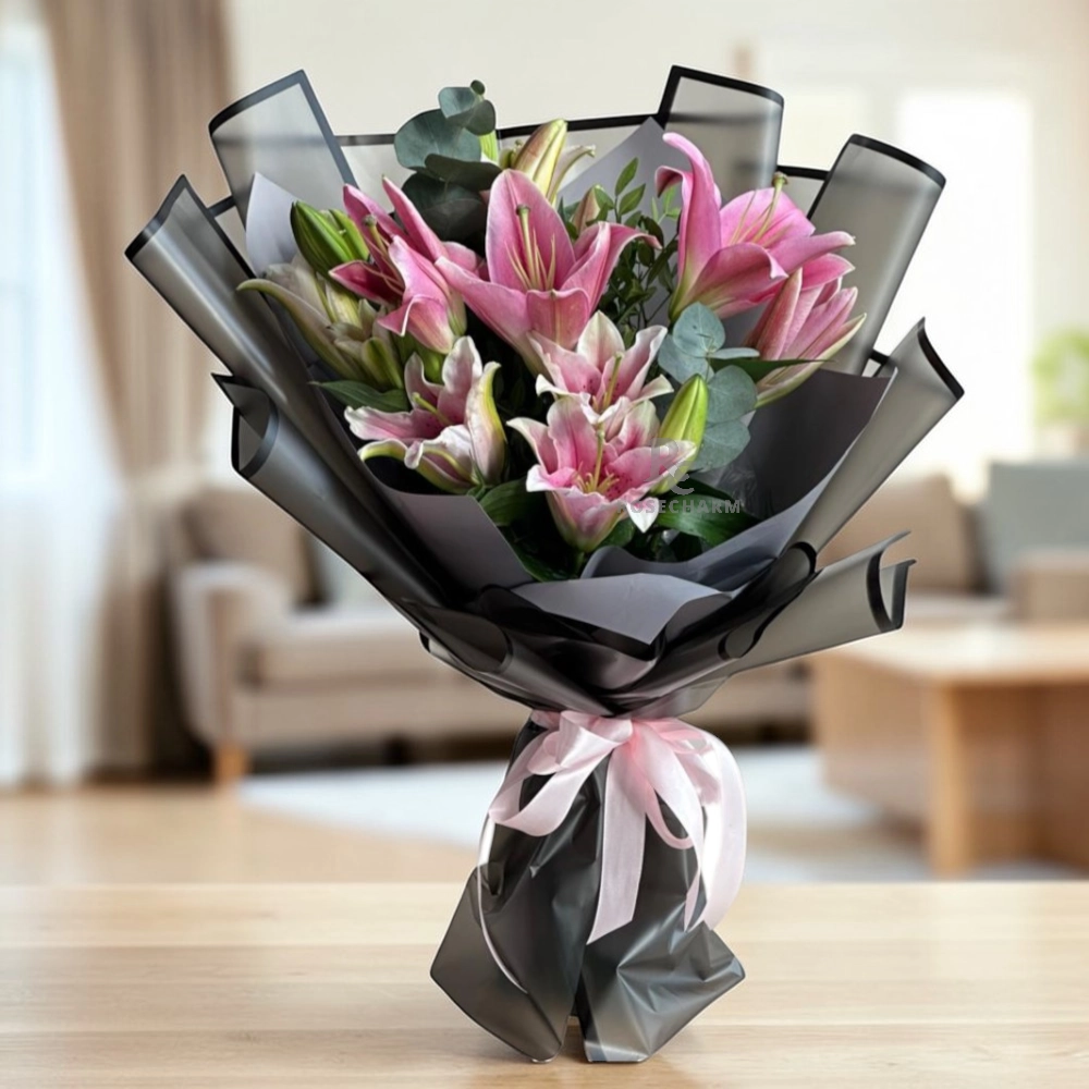 5 pink lilies bouquet