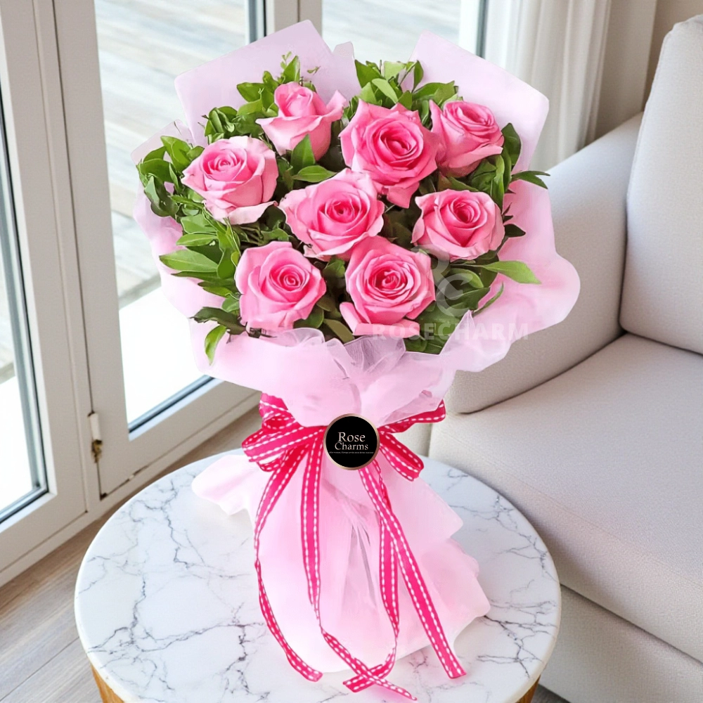 Bouquet of 10 pink roses in a nice wrapping