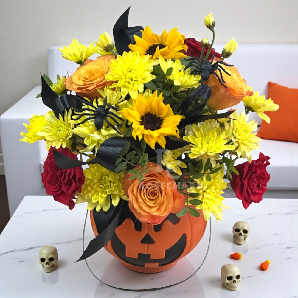 Halloween roses and sunflower arrangement