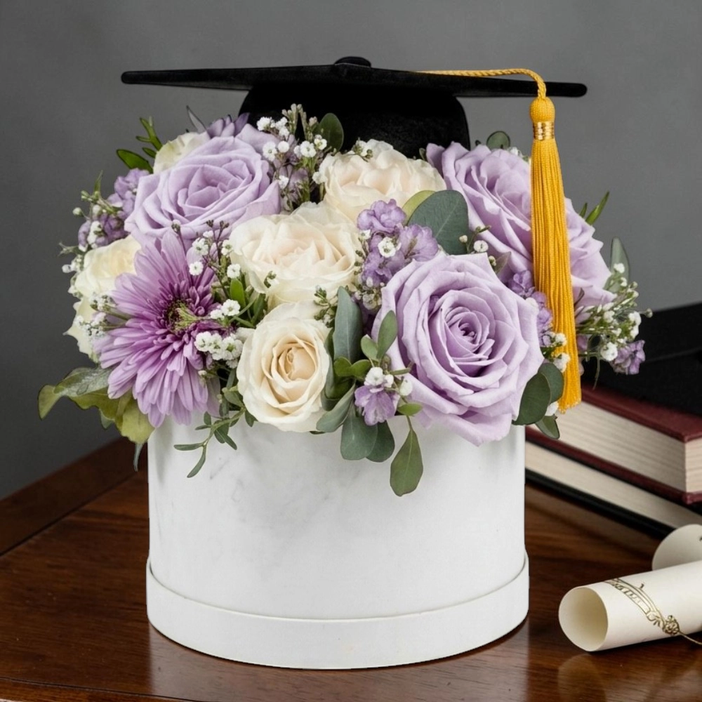 Graduation Elegance Purple and White Roses Box with Graduation Hat Topper