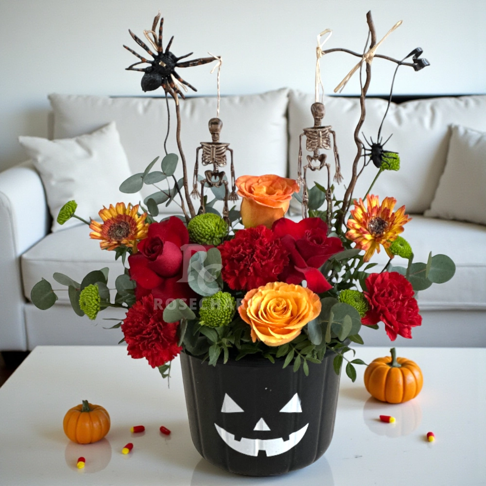 Halloween roses and sunflower arrangement