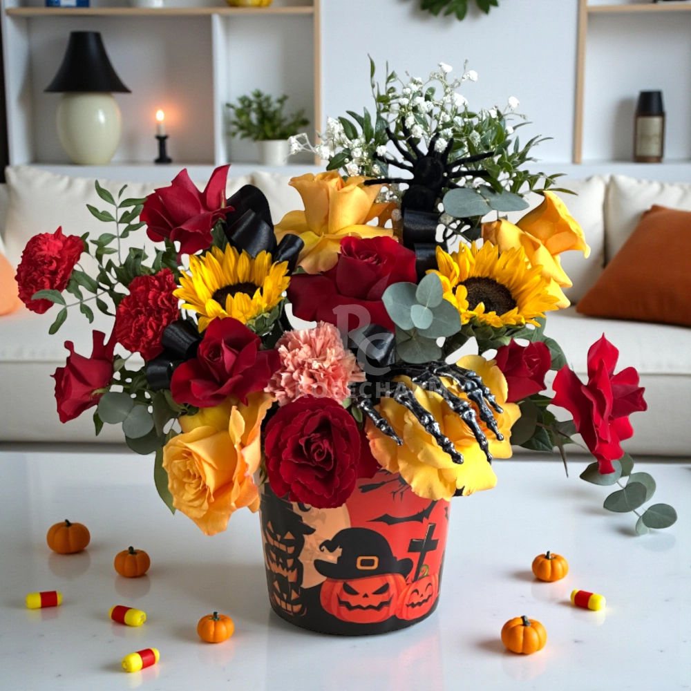 Halloween roses and sunflowers arrangement