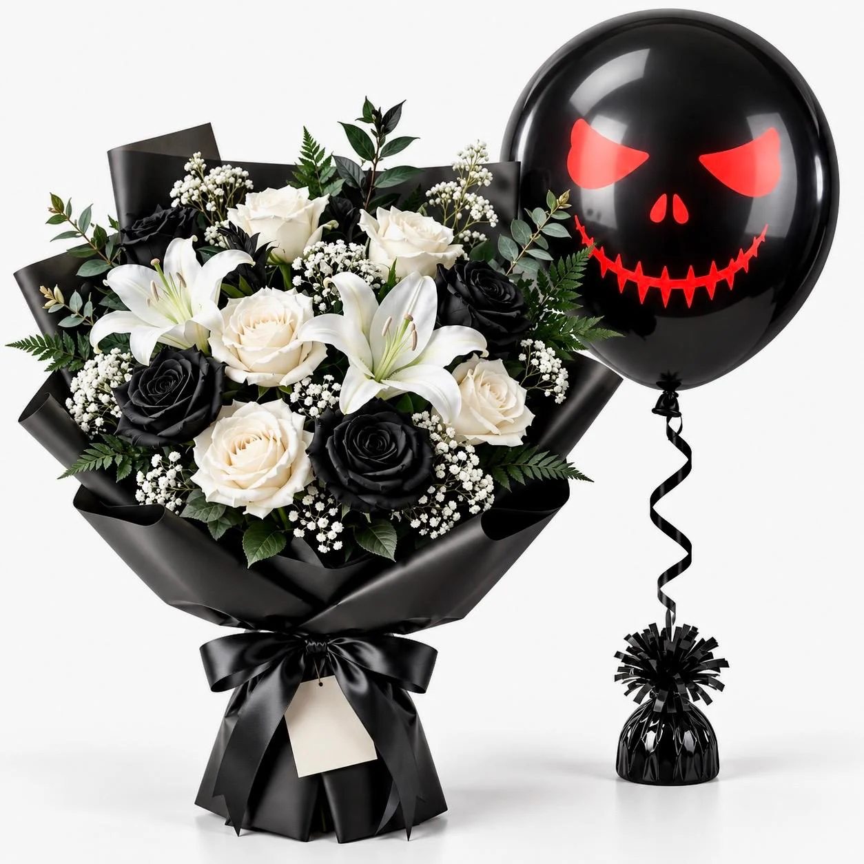 Spooky Halloween rose and lily combo with 5 white roses, 4 black roses, 2 white lilies and black balloon